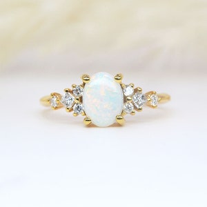 Oval white opal and diamond dainty ring Oval cut opal anniversary ring Princess cut diamond and opal ring yellow gold engagement ring image 1