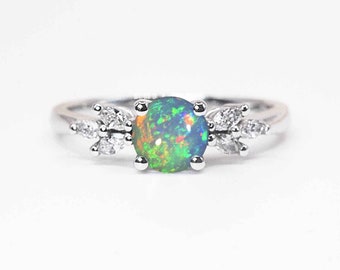 White Opal Engagement Ring: Art Deco Diamond, Solid Gold Anniversary Ring