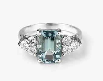 Aquamarine Ring-Aquamarine Engagement Ring-Aquamarine and Diamond - rose/yellow/white gold or Platinum Engagement ring-Three stone ring