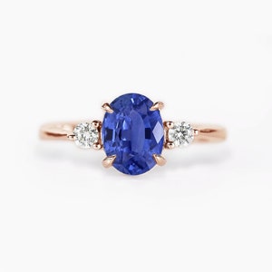 Anillo de compromiso de zafiro azul oscuro ovalado / Anillo de compromiso de oro rosa de 9k/14k/18k / Zafiro ovalado / Diamante alternativo y anillo de zafiro azul