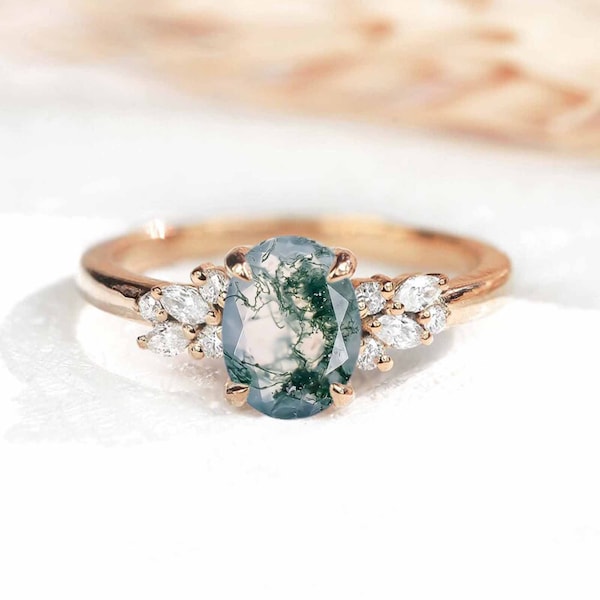 Moss Agate and Marquise Diamond Cluster Engagement Ring | Art Deco Dainty Ring | Diamond and Moss agate Engagement Ring | Dainty Bridal Ring