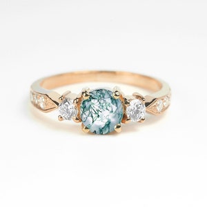 Natural Moss Agate and Diamond Rose gold Engagement Ring | Dainty Vintage Ring | Art deco Anniversary Ring | Moss Agate Engagement Ring