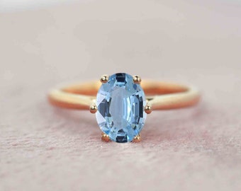 Oval Aquamarine Six Prongs Engagement Ring | Vintage Inspired Minimal Style Ring | Classy Aquamarine Ring | 9k,14k,18k Rose Gold Dainty Ring