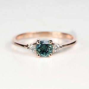 Natural Teal Sapphire and Diamond Engagement Ring | Three stone ring | Anniversary Ring | 9k/14k/18k Rose, White, Yellow Gold Ring for her
