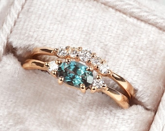 Anillo de compromiso de zafiro verde azulado Anillo de compromiso Montana zafiro diamante alternativo diamante banda de boda-diamante curvado band-diamante conjunto de anillo de diamantes