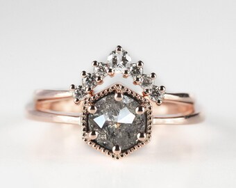 Salt and Pepper Diamond Engagement Ring and Diamond Wedding Band Set | Diamond Engagement Ring | Rose, Yellow, White Gold and Ring Set