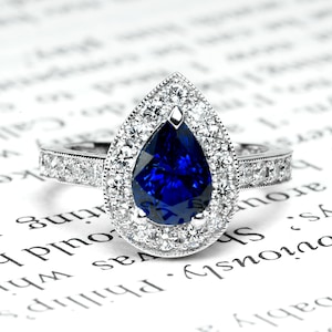 2.03 Anillo de compromiso de zafiro azul Platino - anillo de zafiro- Zafiro azul de Ceilán natural y anillo de diamantes-Anillo de compromiso de zafiro azul