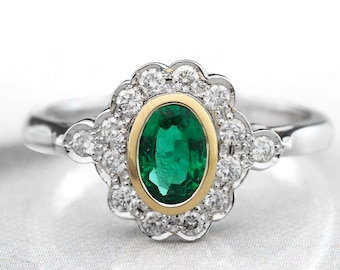 Emerald Ring in 950 Platinum-Emerald and Diamond Cluster Ring-Art Deco Vintage Inspired Diamond Ring-Handmade-Ready to Ship-FREE SHIPPING