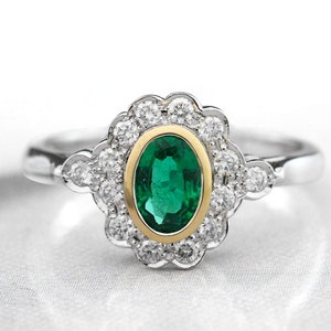 Emerald Ring in 950 Platinum-Emerald and Diamond Cluster Ring-Art Deco Vintage Inspired Diamond Ring-Handmade-Ready to Ship-FREE SHIPPING
