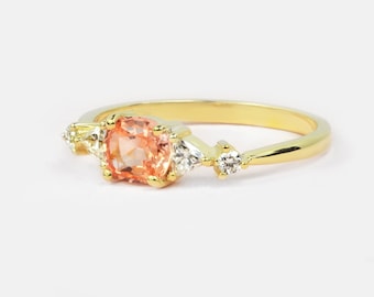 Peach padparadscha sapphire and Diamond engagement ring handmade in yellow/white/rose gold or platinum peach sapphire ring for her