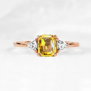 Emerald Cut Natural Golden Sapphire Engagement Ring | Wedding Bridal Promise Ring | Trilliant Diamond and 1.01ct Yellow Sapphire Ring