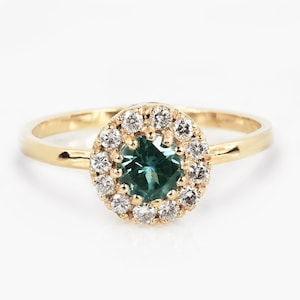 Sapphire Engagement Ring, Teal Sapphire Engagement Ring, Sapphire and Diamond Engagement Ring-Diamond Halo Engagement Ring
