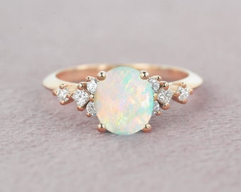 1.65ct Oval Natural White Opal and Diamond Engagement Ring | Anniversary Ring | Oval Opal Ring | Princess Diamond Rose Gold Engagement Ring