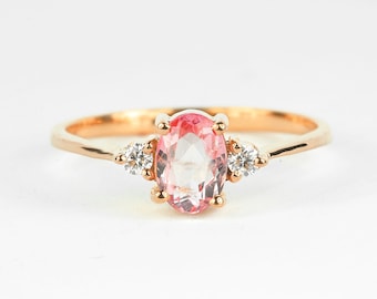 Peach padparadscha sapphire and Diamond engagement ring handmade in yellow/white/rose gold or platinum peach sapphire ring for her