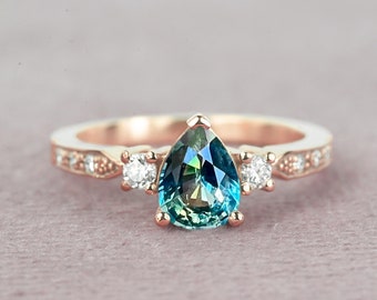 Pear Teal Sapphire Engagement Ring | Round diamond Ring | 9k/14k/18k Rose gold ring | Teal Engagement Ring | Round diamond ring for her