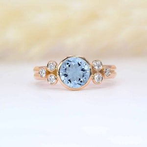 Aguamarina y diamante con anillo de racimo de diamantes / Anillo art déco de aguamarina / Aniversario vintage, compromiso, anillo de regalo de cumpleaños