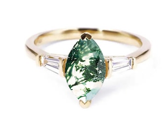 1.53ct Marquise Moss Agate and Tapered Baguette Diamond Ring | Diamond Dainty Engagement Ring | Bespoke Engagement Ring in Solid Yellow Gold