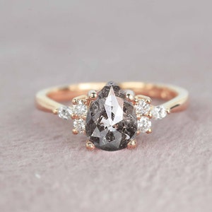 Salt and Pepper Diamond Engagement Ring | Pear Galaxy Diamond Vintage Ring in Rose Gold | Grey Diamond Multi-stone Wedding Engagement Ring