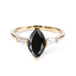 1.52ct Marquise Black Diamond and Tapered Baguette Diamond Ring | Dainty Engagement Ring | Bespoke Anniversary Ring in Solid Yellow Gold