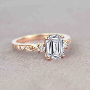 1.52ct Natural White Moissanite and Diamond Art deco Engagement Ring | Emerald Cut White Moissanite Wedding Ring | 9k/14k/18k Rose Gold Ring