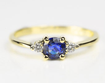 Natural Blue Sapphire and Diamond white gold Engagement ring-Three stone ring-Promise Ring-Anniversary Ring-Sapphire Engagement Ring