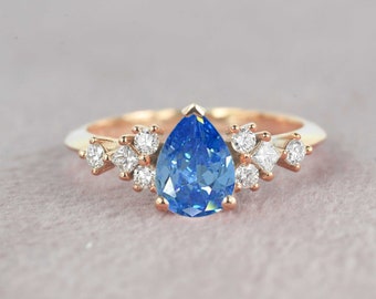 1.52ct Pear Light Blue Sapphire Engagement Ring | Bridal Anniversary Ring | Princess Cut Diamond Fitted Rose Gold Engagement Ring for her
