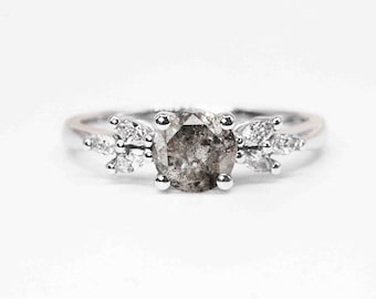Salt and pepper diamond vintage engagement ring | Natural grey diamond featuring ring |Solid white/yellow/rose gold stylish celebrity ring