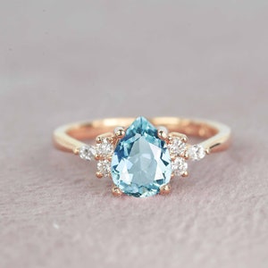 Aquamarine and Diamond Engagement Ring | Pear Aquamarine Vintage Ring in Rose Gold | Diamond and Aquamarine Multi-stone Gift Ring for her