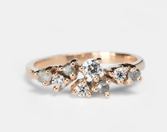 Salt and pepper diamond engagement, diamond cluster ring, 9k/14k/18k yellow and rose gold, Engagement Ring Salt and Pepper Rustic, gold ring