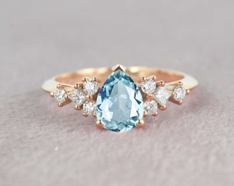 1.52ct Pear Aquamarine Engagement Ring | Bridal Aquamarine Anniversary Ring | Princess Cut Diamond Fitted Rose Gold Engagement Ring for her