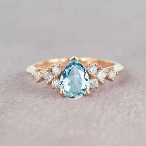 1.52ct Pear Aquamarine Engagement Ring | Bridal Aquamarine Anniversary Ring | Princess Cut Diamond Fitted Rose Gold Engagement Ring for her