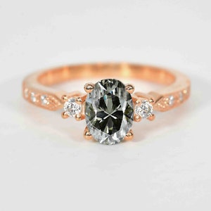 Oval Grey Moissanite Engagement Ring | Round diamond Ring | 9k/14k/18k Rose gold ring | Moissanite Anniversary Ring | Rustic diamond ring