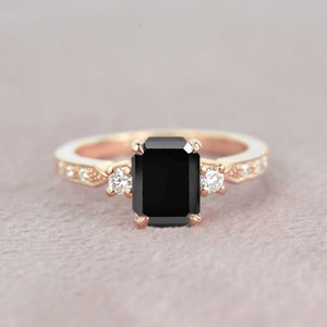 8 x 6mm Emerald Cut Black Diamond Engagement Ring Dainty Round Diamond Wedding Ring Bridal Promise Ring Vintage Promise Ring image 1