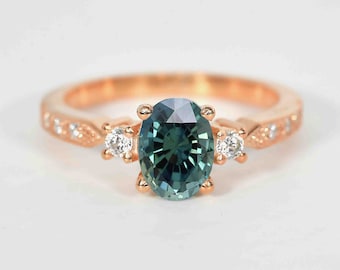 Oval Teal Sapphire Engagement Ring | Round diamond Ring | 9k/14k/18k Rose gold ring | Sapphire Anniversary Ring | Rustic diamond ring