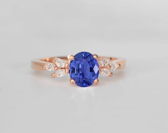 Oval Medium Blue Sapphire and Marquise Diamond Engagement Ring | Dainty Wedding and Anniversary Ring | Bridal Promise Cluster Ring for her