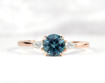 Teal sapphire engagement ring, Teal Green sapphire engagement ring, Peacock blue sapphire, Blue green sapphire ring, 14k Rose gold ring