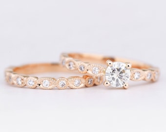 Moissanite Bridal Rings Set - Moissanite and Diamond engagement ring art nouveau 1900's inspired band in white/rose/yellow gold or platinum