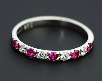 Platinum 950 Diamond and Natural Ruby Half Eternity Ring, Platinum 2mm Wedding Band