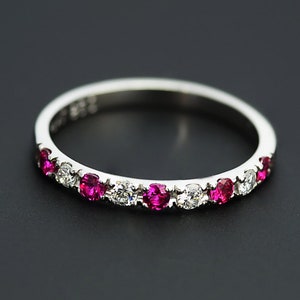 Platinum 950 Diamond and Natural Ruby Half Eternity Ring, Platinum 2mm Wedding Band