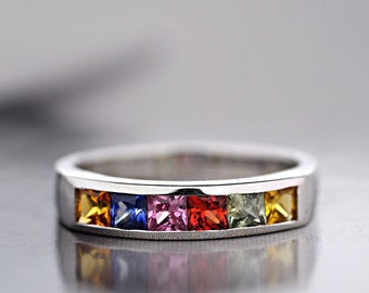 Anello zaffiro Wedding Band Ring - anello Eternity zaffiro - Sapphire fantasia arcobaleno-14 ct - 18 ct oro bianco