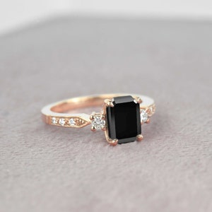8 x 6mm Emerald Cut Black Diamond Engagement Ring Dainty Round Diamond Wedding Ring Bridal Promise Ring Vintage Promise Ring image 3