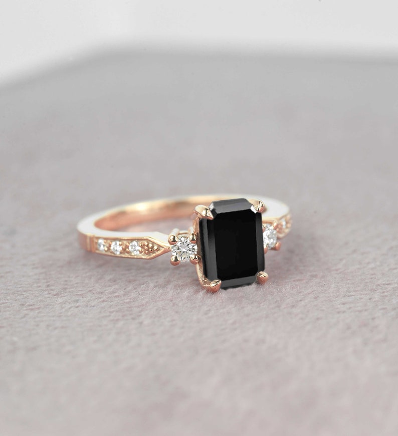 8 x 6mm Emerald Cut Black Diamond Engagement Ring Dainty Round Diamond Wedding Ring Bridal Promise Ring Vintage Promise Ring image 3