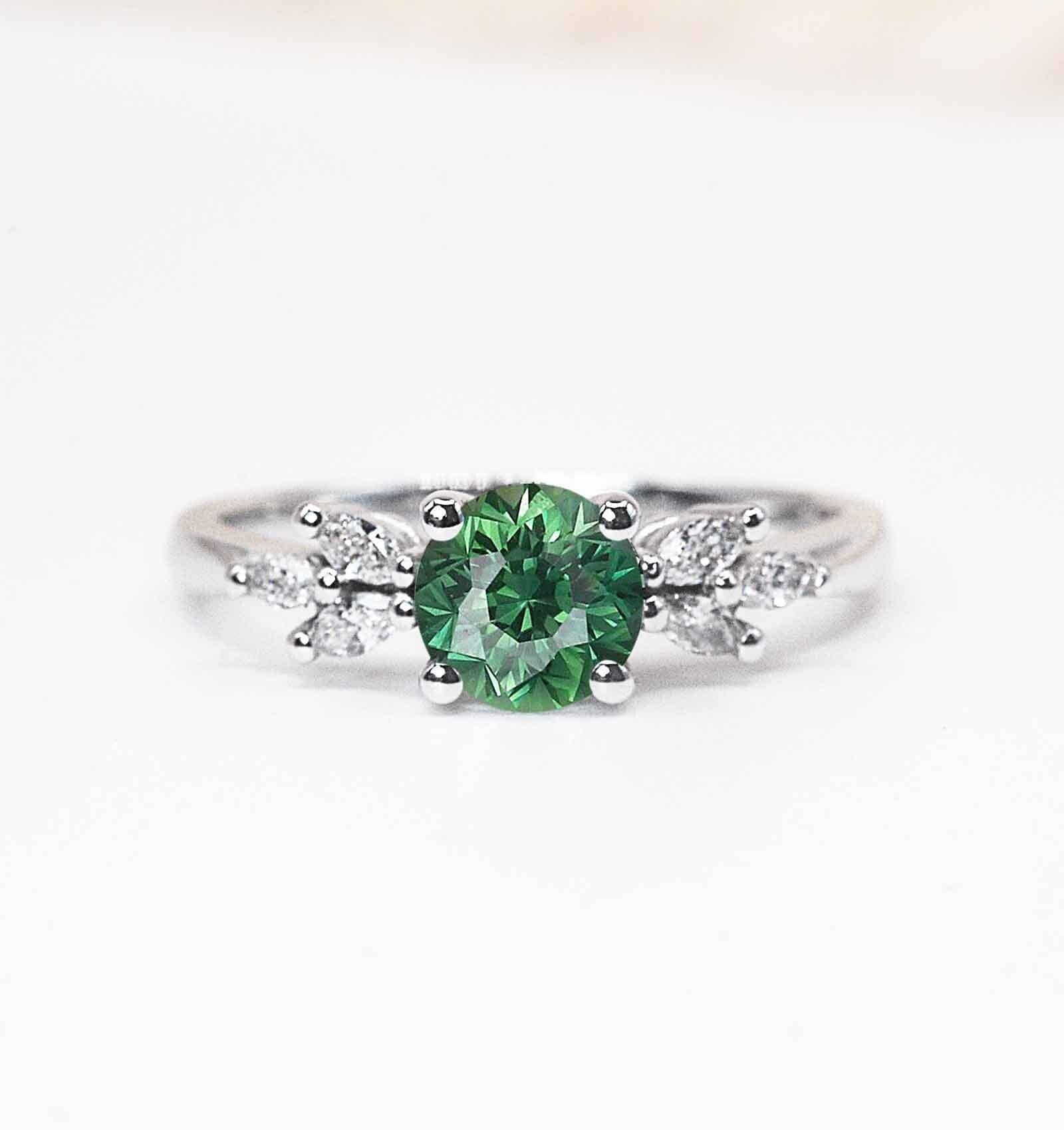 Mint Green Tourmaline Featuring Engagement Ring | Round Art Deco Solid White/Yellow/Rose Gold Stylish Anniversary
