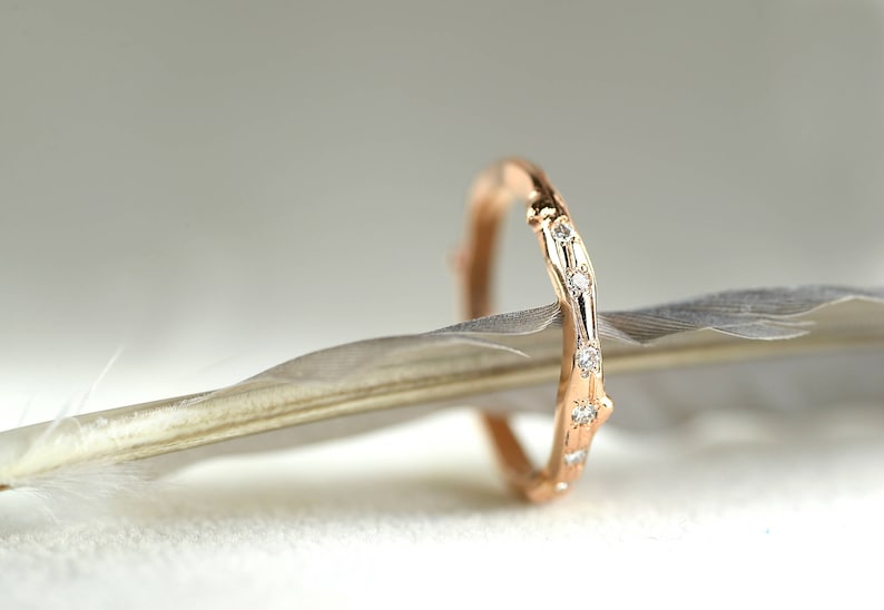 Rose Gold Twig Wedding Band-Diamond Twig Wedding Band 9k / 14k / 18k Rose Gold Hand Made to Order image 2