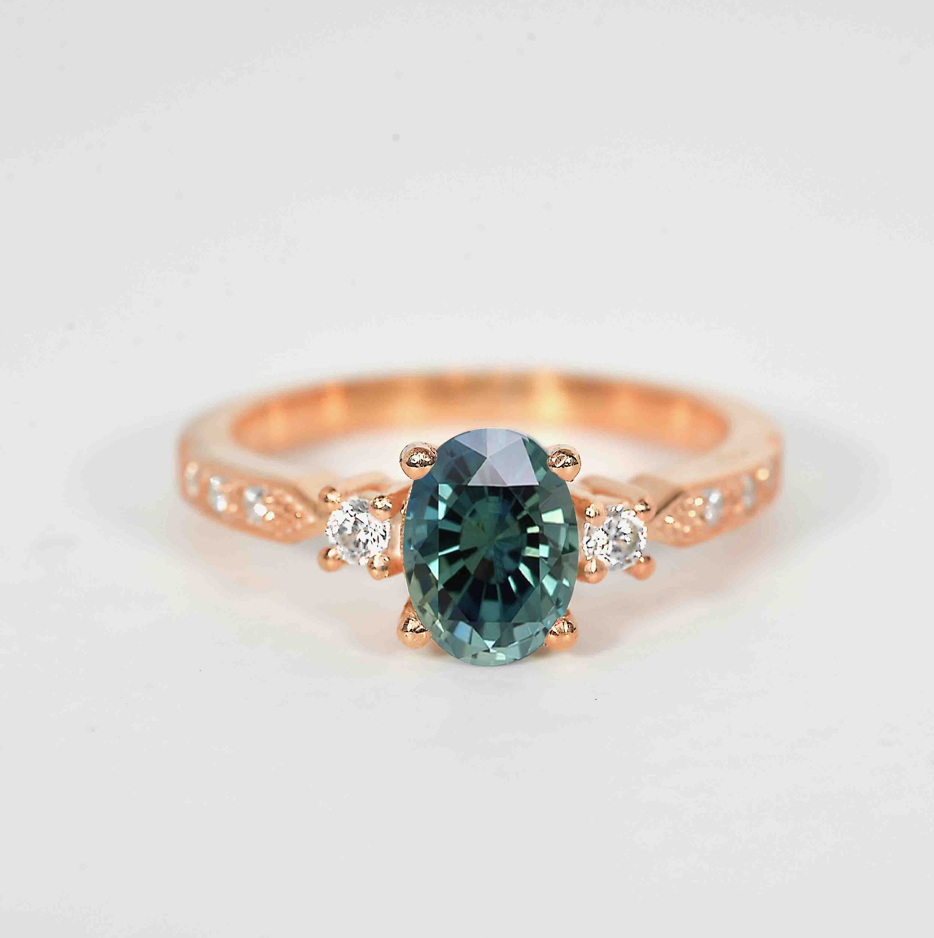 Oval Teal Sapphire Engagement Ring | Round Diamond 9K/14K/18K Rose Gold Ring Anniversary Rustic