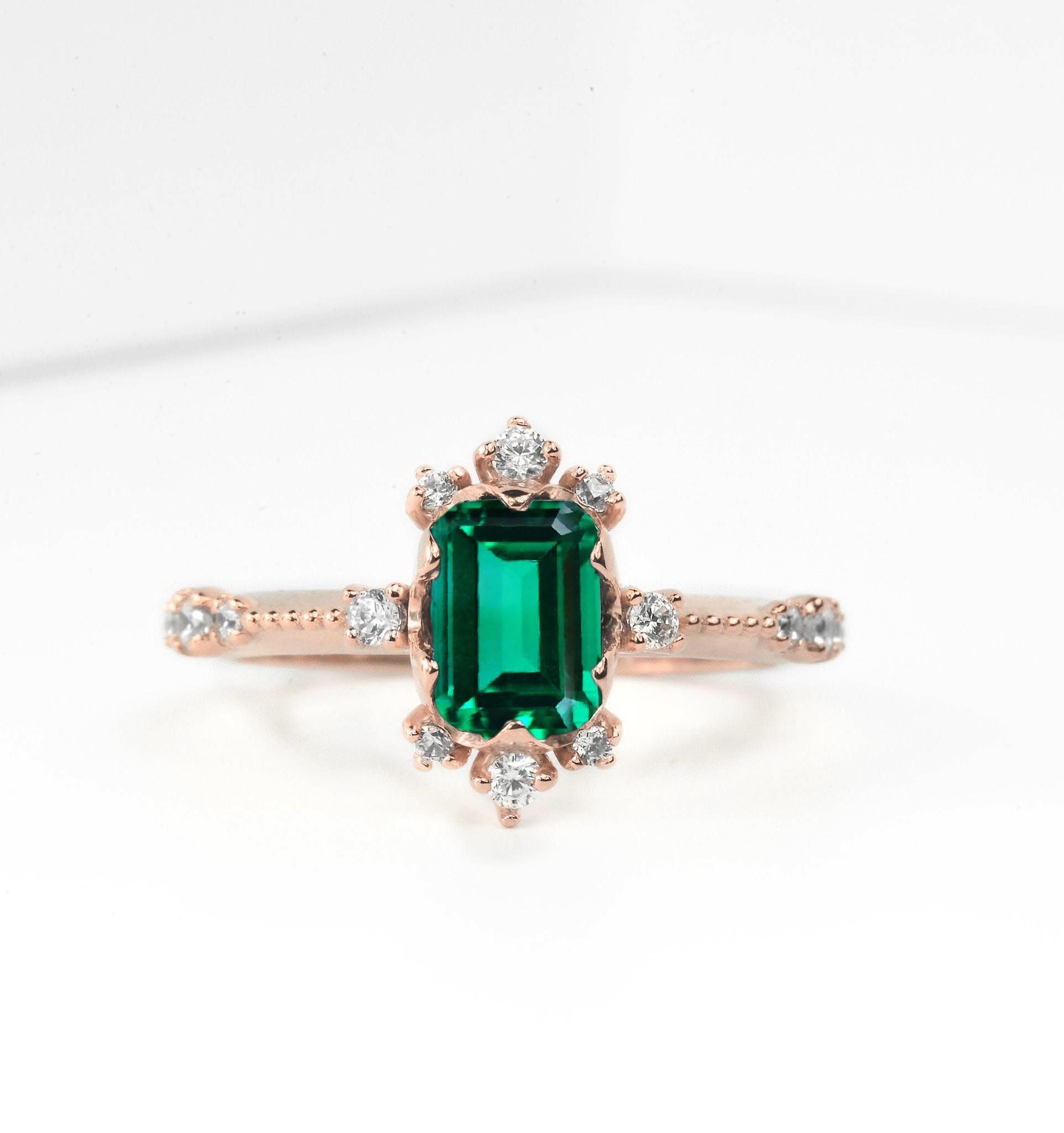 Emerald Cut 1.5Ct Natural Engagement Ring | 14K, 18K Gold Genuine Diamond Bespoke Rose For Her