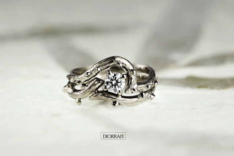 950 Platinum and 0.24 ct Diamond Twig Engagement and Wedding Ring, Handmade, Made to order image 1