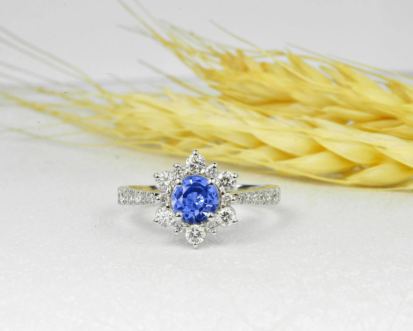 Light Blue Sapphire Engagement Ring | & Diamond Cluster White Gold Vintage Ring Halo Anniversary Unique Bridal