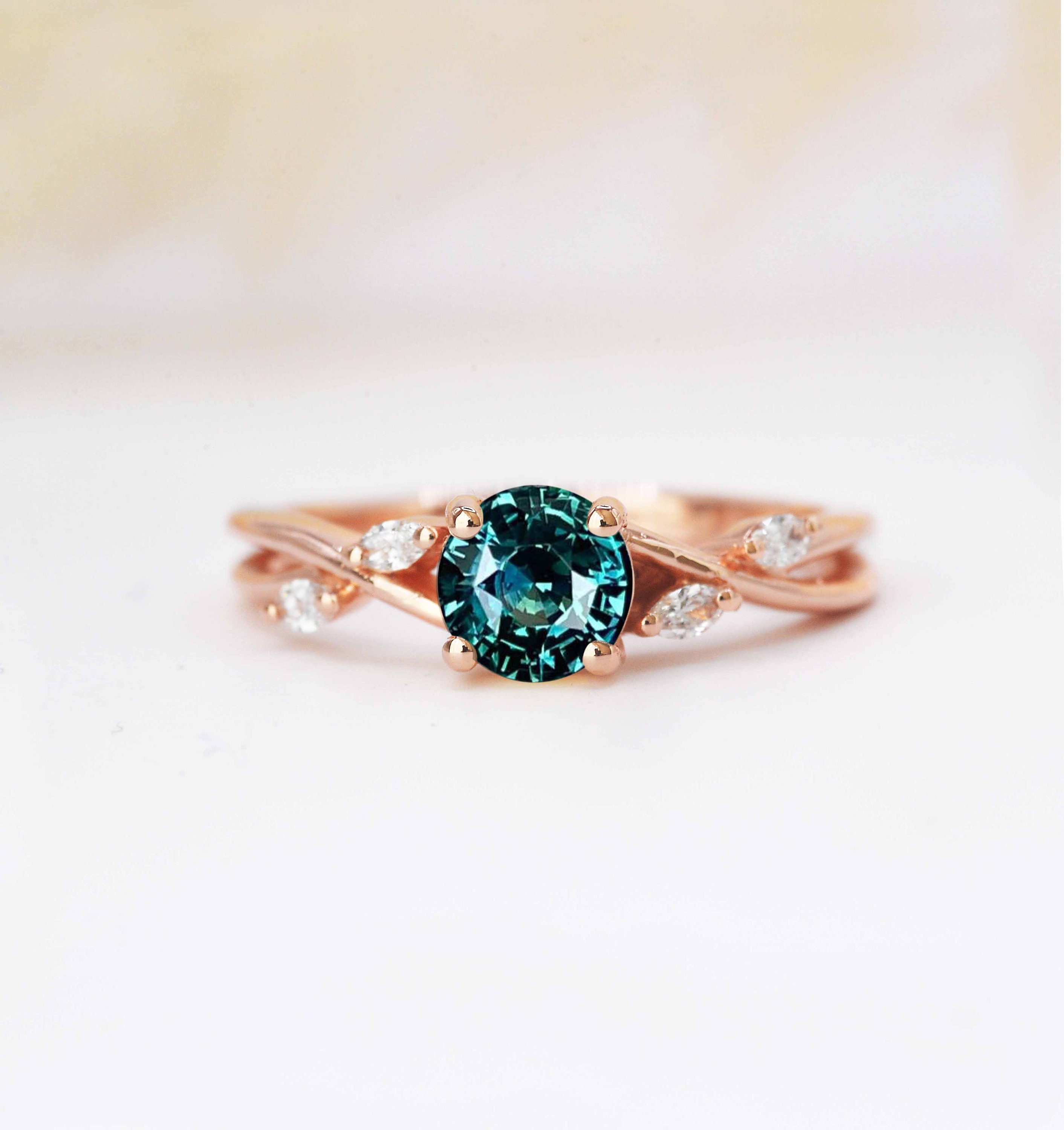 Teal Sapphire & Diamond Art Deco Celebrity Ring | Stylish Teal Handmade 9K/14K/18K Rose, Yellow, White Gold For Love