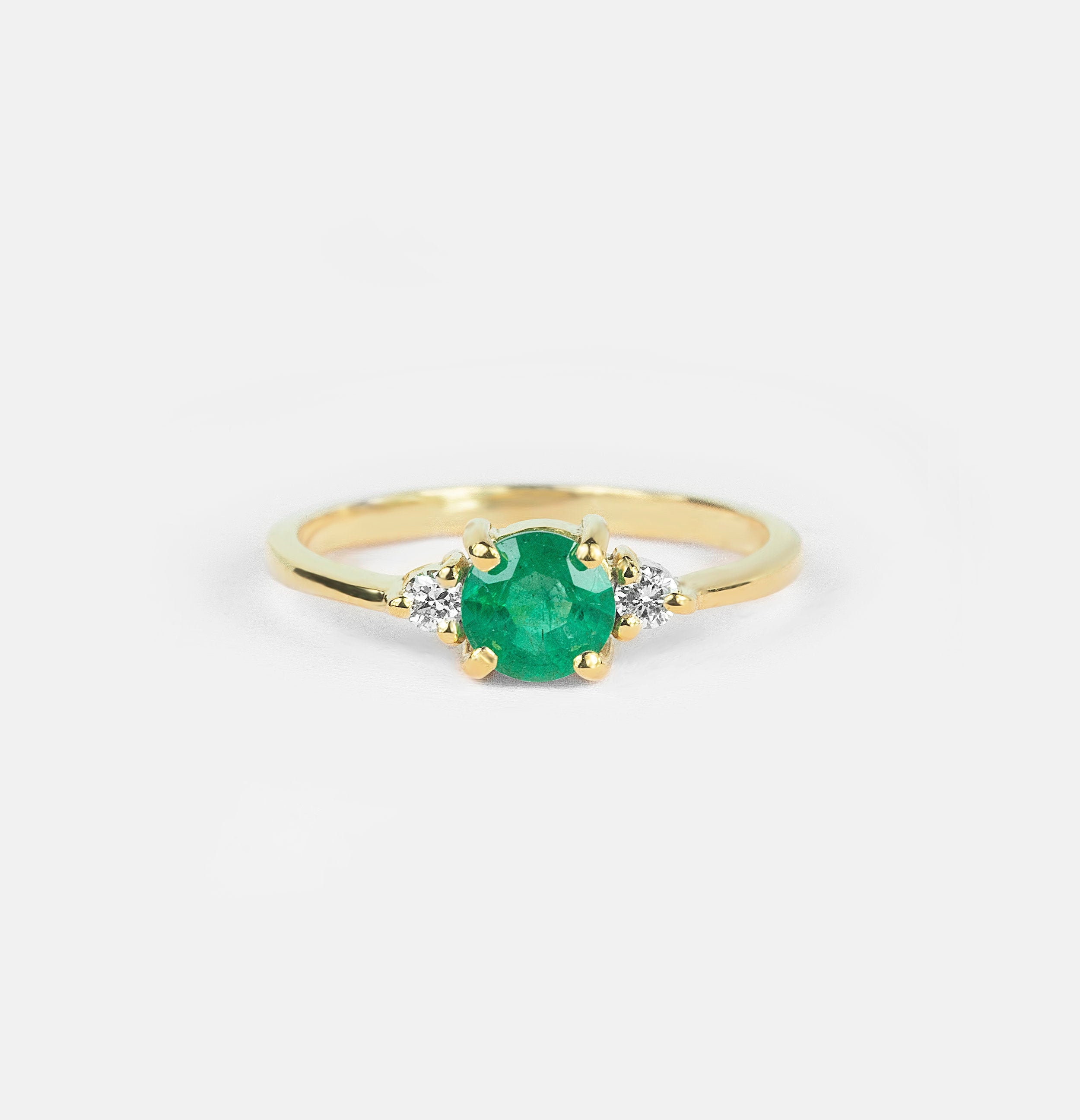 Natural Emerald & Diamond Yellow Gold Engagement Ring-Three Stone Ring-Promise Ring-Anniversary Ring-Emerald Ring